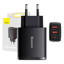 Baseus kompakt gyorstöltő, 2xUSB, USB-C, PD, 3A, 30 W (fekete) CCXJ-E01