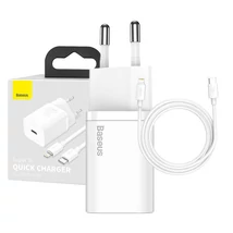 Baseus Super Si gyorstöltő 1C 20W adapter1 m-es USB-C-Lightning kábellel (fehér) TZCCSUP-B02