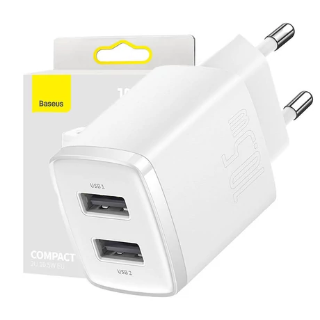 Baseus kompakt gyorstöltő, 2x USB, 10.5W (fehér) CCXJ010202