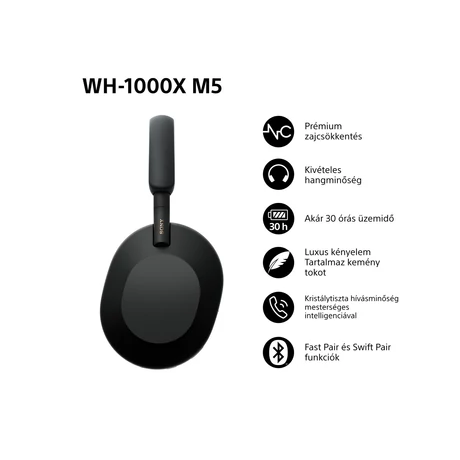 Sony WH-1000XM5B vezeték nélküli zajszűrő fejhallgató - FEKETE (elérhető több színben)