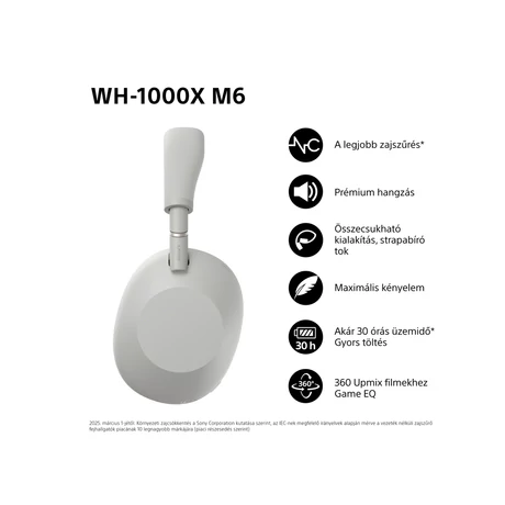 Sony WH-1000XM6 vezeték nélküli zajszűrő fejhallgató ezüst színben (WH1000XM6S.CE7) 
